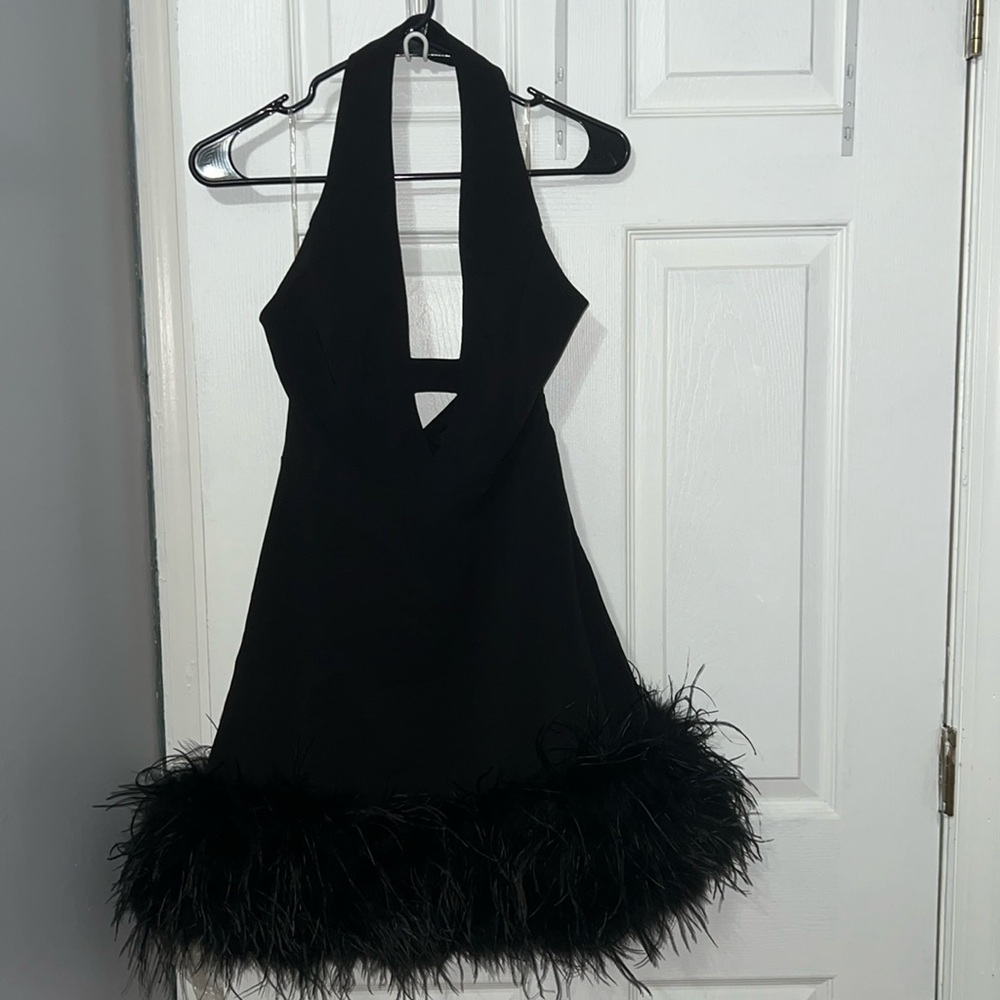 BRAND NEW AKIRA Noel Deep V feather trim mini dress